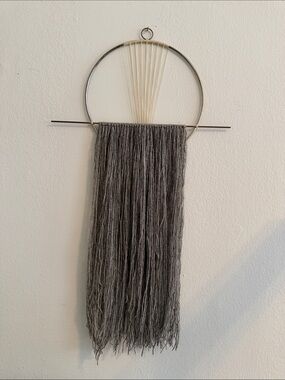 Modern Metal Hoop Wall Hanging Art Piece with Charcoal Fringe